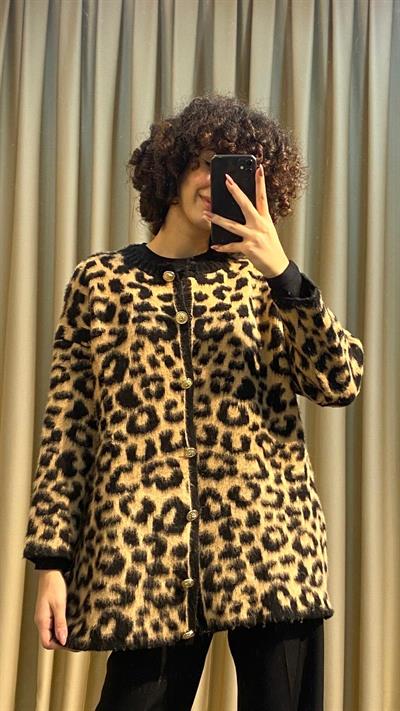 Gold Düğmeli Leopar Desen Hırka 