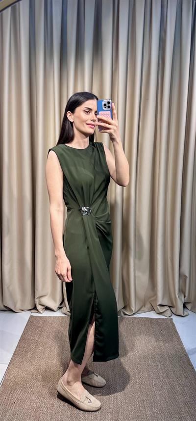 Gold Tokalı Haki Elbise 