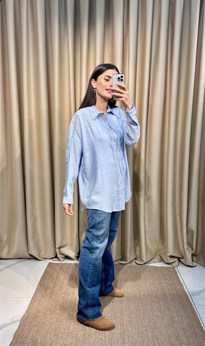 Zımba Detay Mavi Keten Gömlek