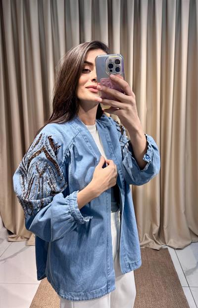 İşlemeli Açık Kot Kimono