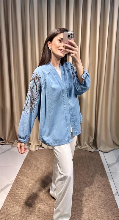 İşlemeli Açık Kot Kimono