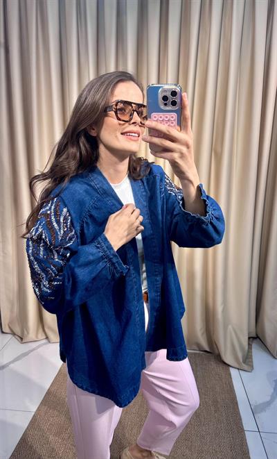 İşlemeli Koyu Kot Kimono 