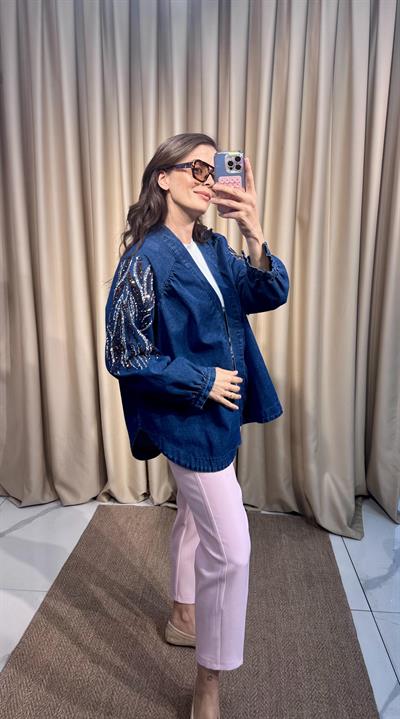 İşlemeli Koyu Kot Kimono 