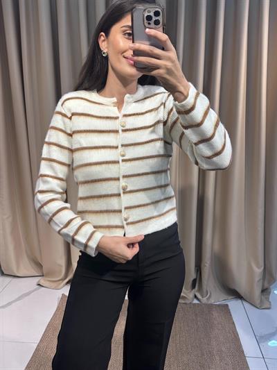 Kahve Çizgili Crop Hırka