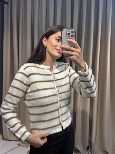 Kahve Çizgili Crop Hırka