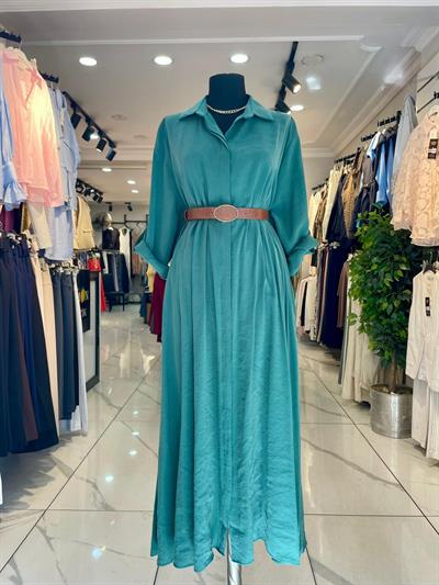 Kemerli Yeşil Tensel Gömlek Elbise