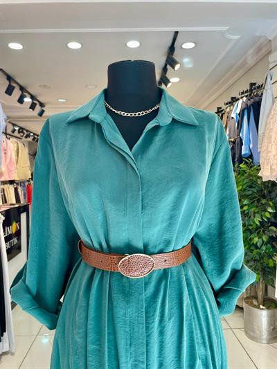 Kemerli Yeşil Tensel Gömlek Elbise