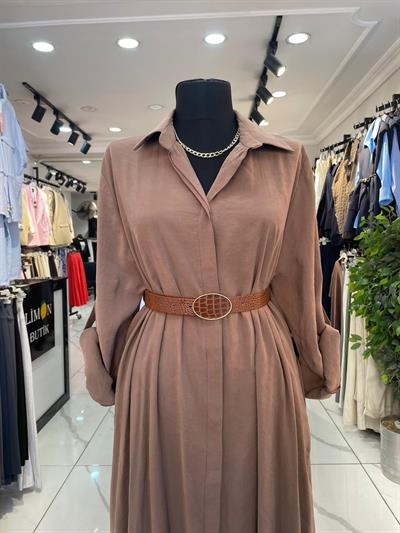Kemerli Kahverengi Tensel Gömlek Elbise
