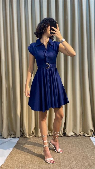 Kemerli Lacivert Elbise 