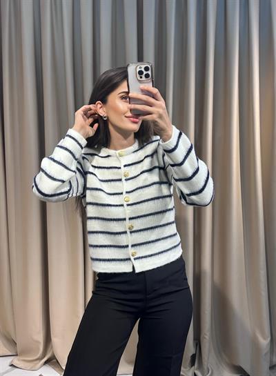 Lacivert Çizgili Beyaz Crop Hırka