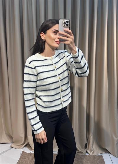 Lacivert Çizgili Beyaz Crop Hırka
