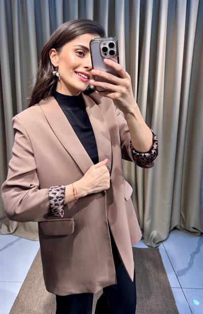 Leopar Astarlı Açık Kahverengi Blazer Ceket