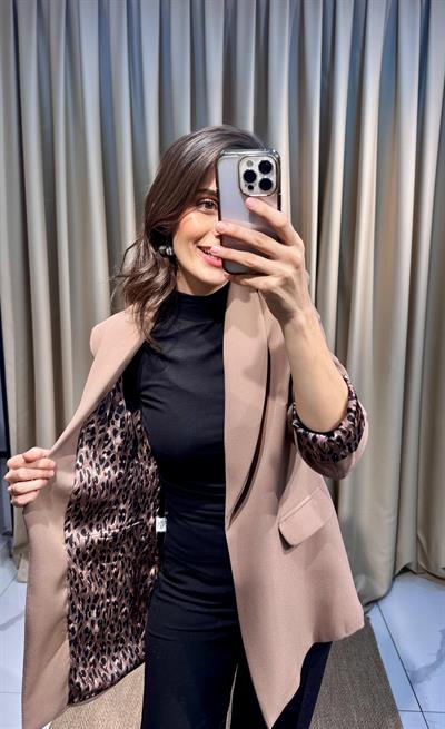 Leopar Astarlı Açık Kahverengi Blazer Ceket