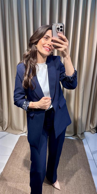 Leopar Astarlı Lacivert  Blazer Ceket