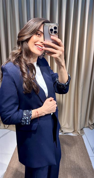 Leopar Astarlı Lacivert  Blazer Ceket