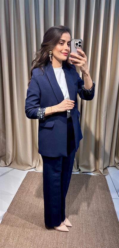 Leopar Astarlı Lacivert  Blazer Ceket