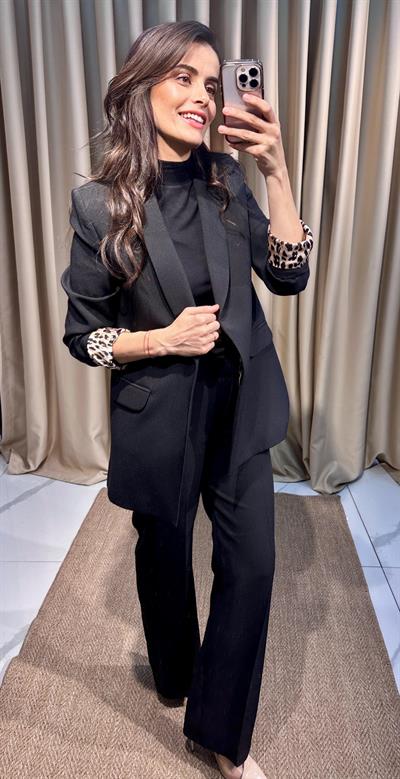 Leopar Astarlı Siyah Blazer Ceket