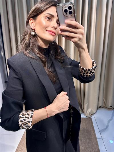 Leopar Astarlı Siyah Blazer Ceket