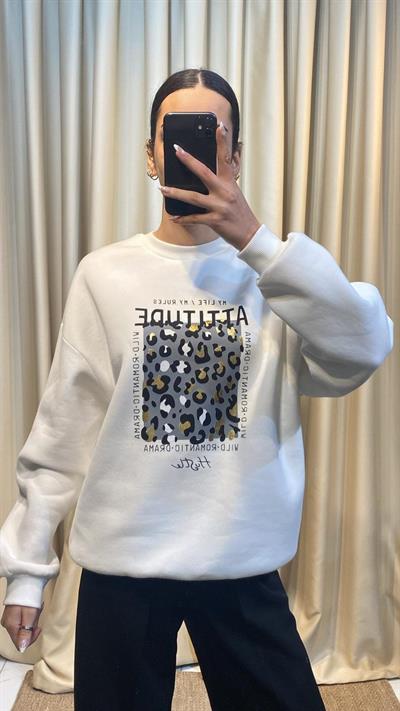 Leopar Baskılı Beyaz Sweatshirt