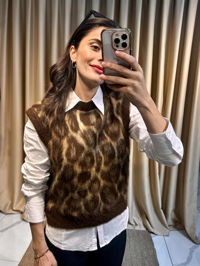 Leopar Desen Kahve Süveter