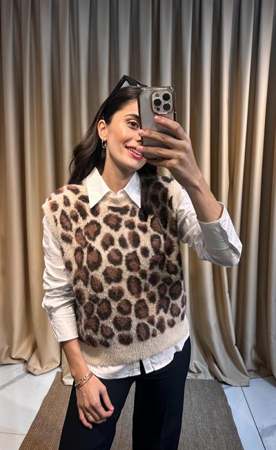 Leopar Desen Krem Süveter