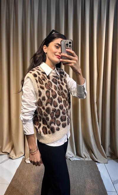 Leopar Desen Krem Süveter