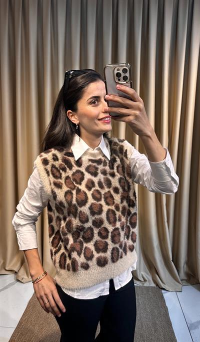 Leopar Desen Krem Süveter