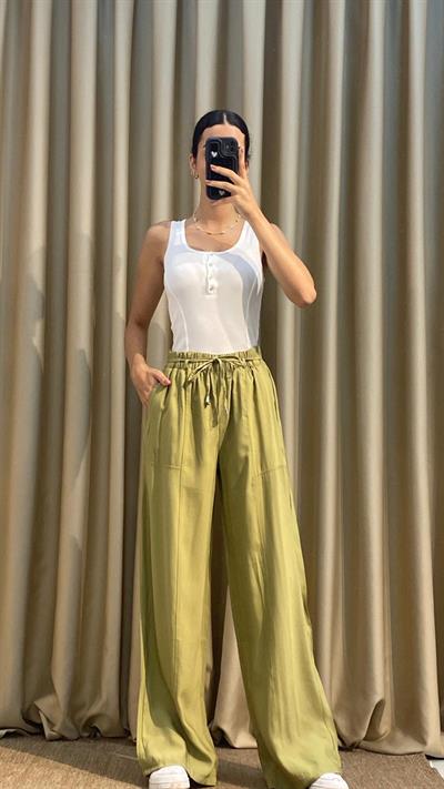 Lyocell Kumaş Yeşil Palazzo Pantolon