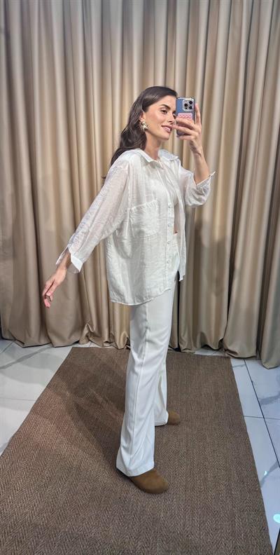 Oversize Beyaz Tensel Gömlek 