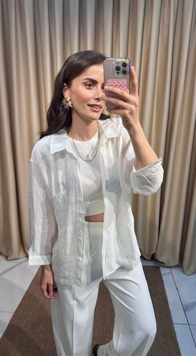 Oversize Beyaz Tensel Gömlek 