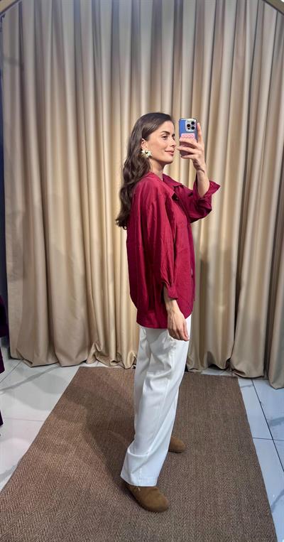 Oversize Bordo Tensel Gömlek 