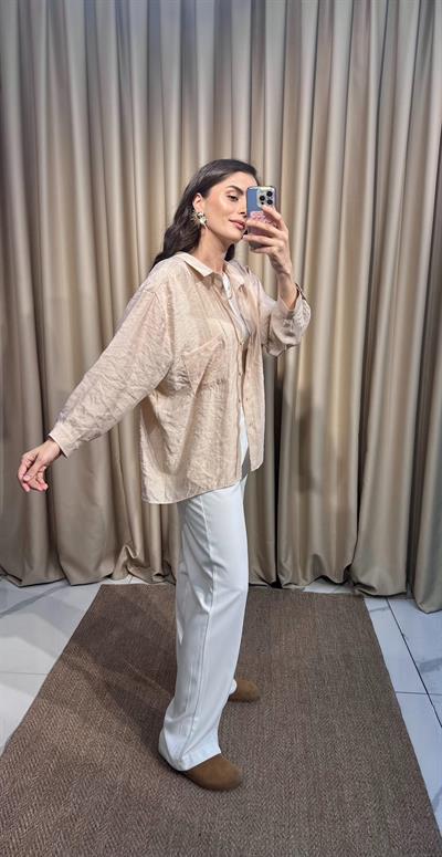 Oversize Krem Tensel Gömlek 