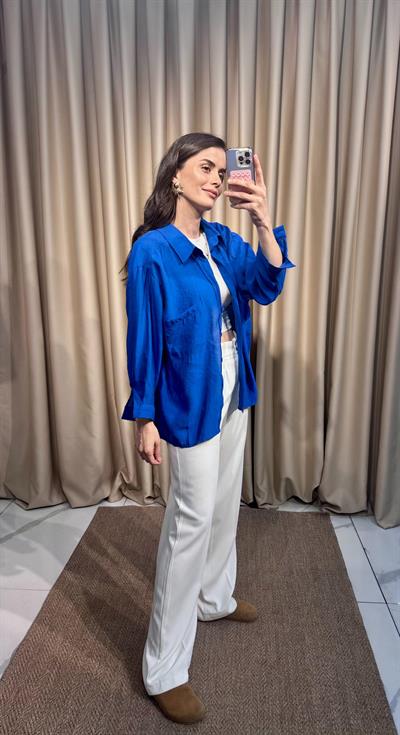 Oversize Mavi Tensel Gömlek 