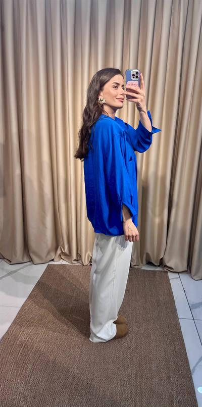 Oversize Mavi Tensel Gömlek 