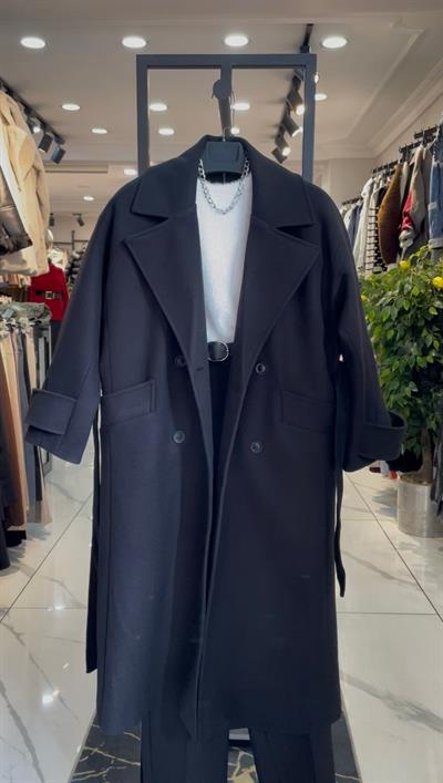 Oversize Siyah Kaşe Kaban