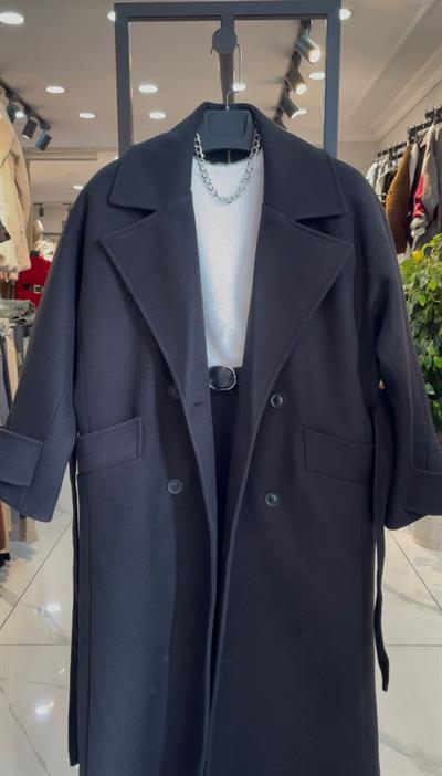 Oversize Siyah Kaşe Kaban