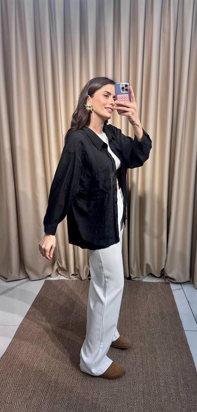 Oversize Siyah Tensel Gömlek 