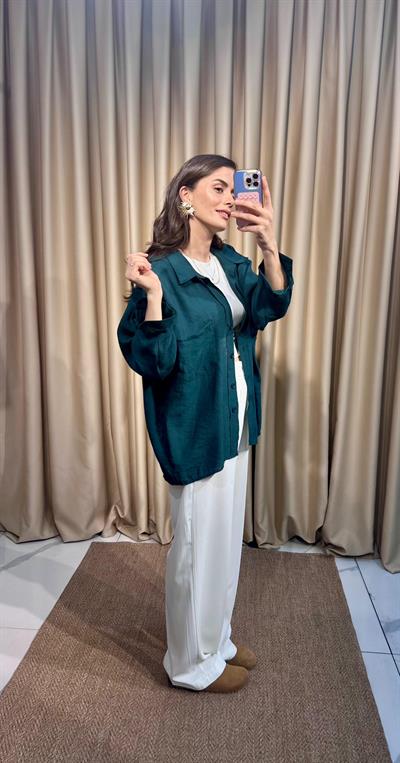 Oversize Zümrüt Tensel Gömlek 