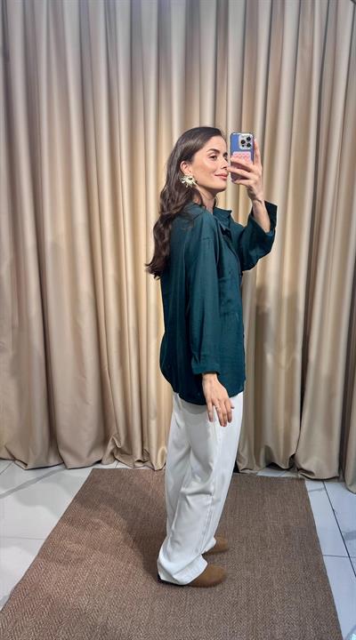 Oversize Zümrüt Tensel Gömlek 