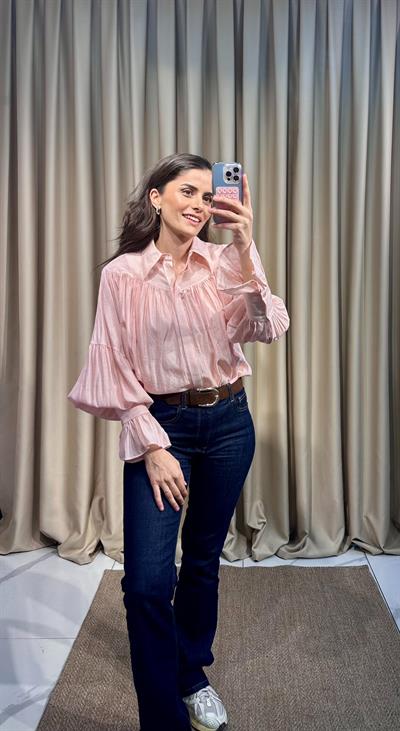 Pembe Büzgülü Kol Detaylı Gömlek 