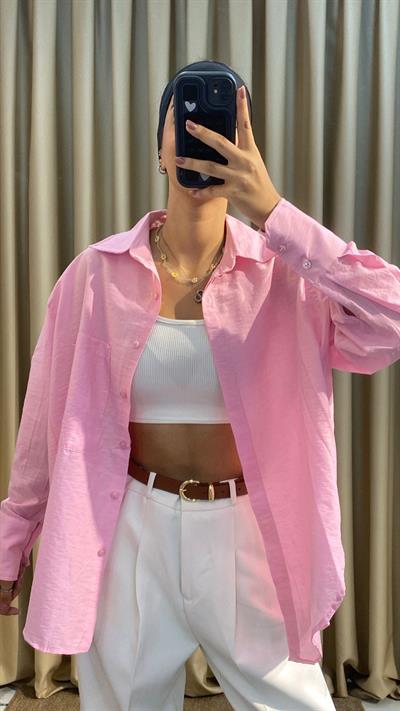 Pembe Oversize Cepli Gömlek