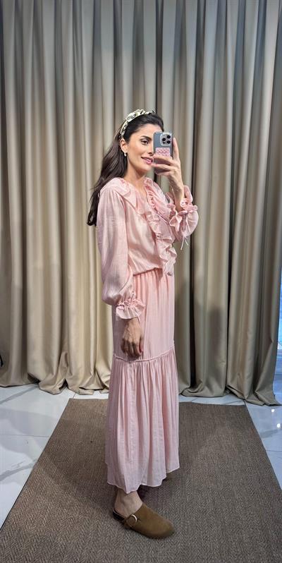 Pudra Fırfır Detay Şifon Elbise 