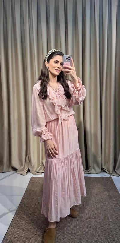 Pudra Fırfır Detay Şifon Elbise 