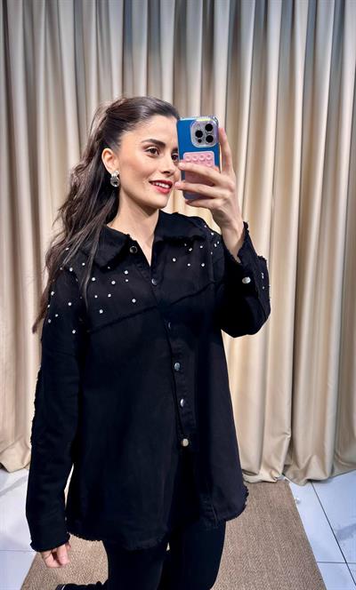 Taş Detaylı Siyah Kot Gömlek
