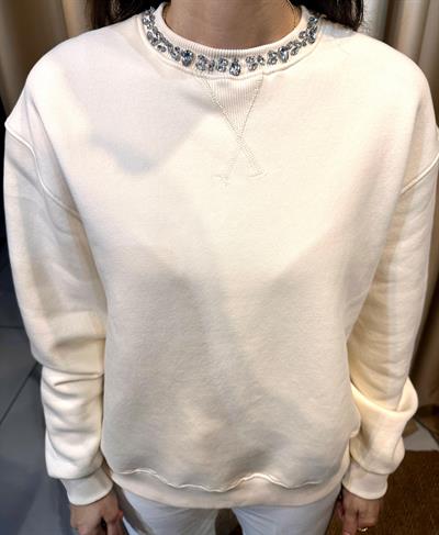 Üç İplik Taş Detay Krem Sweatshirt
