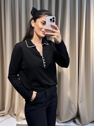 Polo Yaka Merserize Siyah Bluz