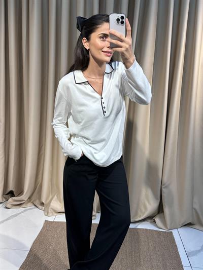 Polo Yaka Merserize Beyaz Bluz 