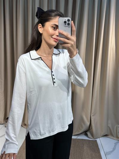 Polo Yaka Merserize Beyaz Bluz 