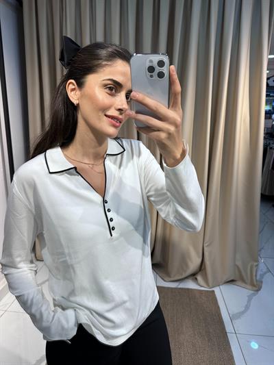 Polo Yaka Merserize Beyaz Bluz 