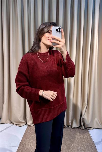 Yanları Yırtmaç Detay Bordo Kazak